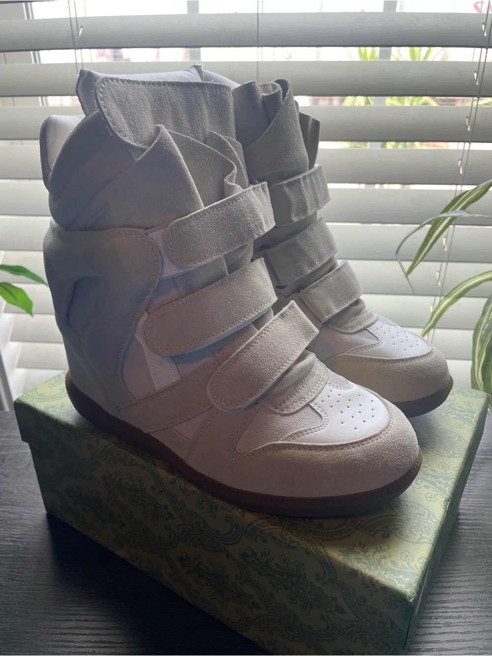Isabel Marant Cream Suede Wedge High-Top Sneakers with Triple Straps